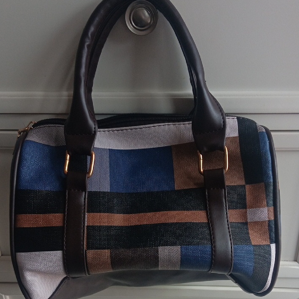 Classic Plaid Barrel Satchel Handbag - Brown & Blue